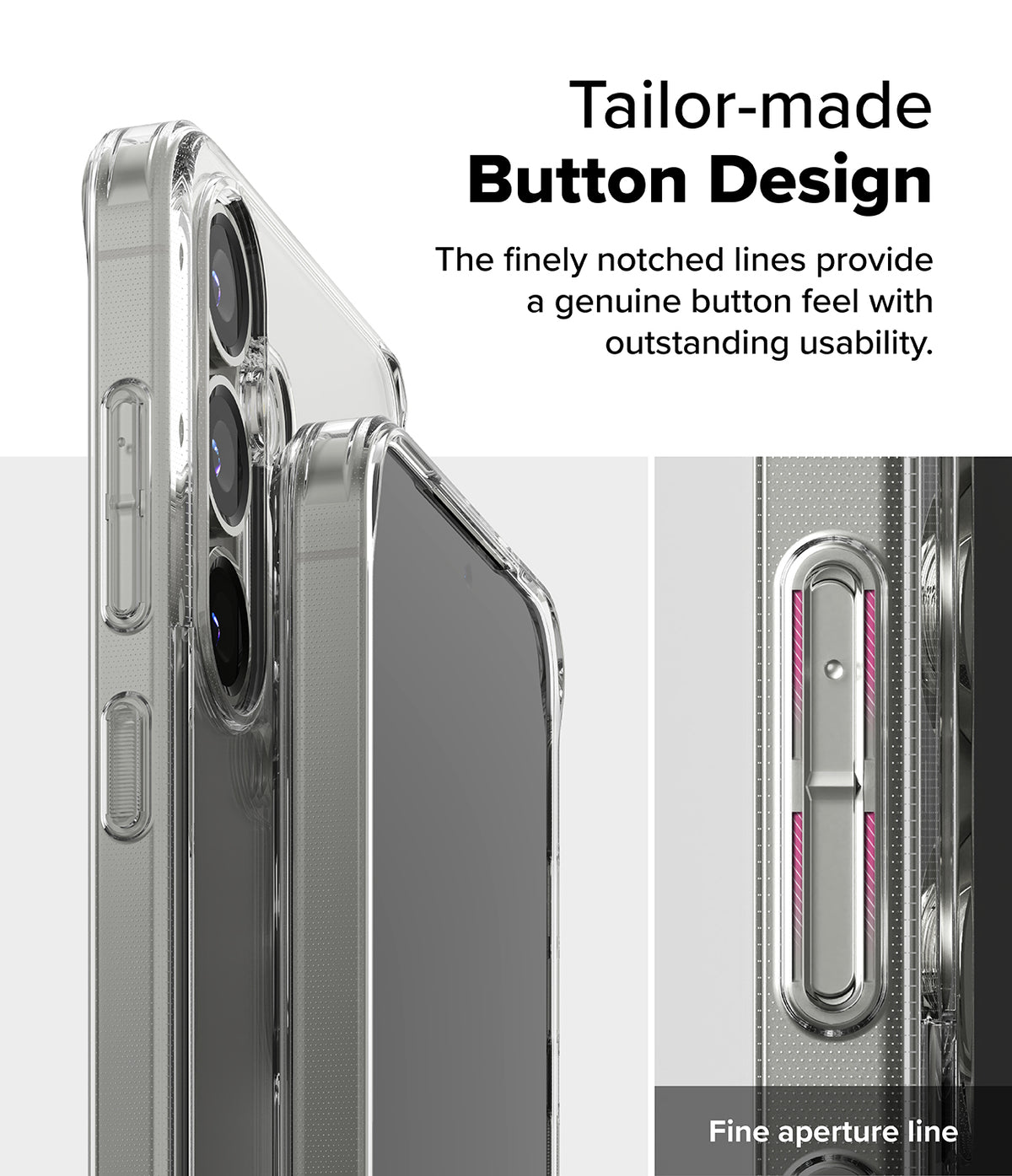Galaxy S25 Plus Case | Fusion - Close-up of clear phone case buttons with notched lines for tactile feedback.