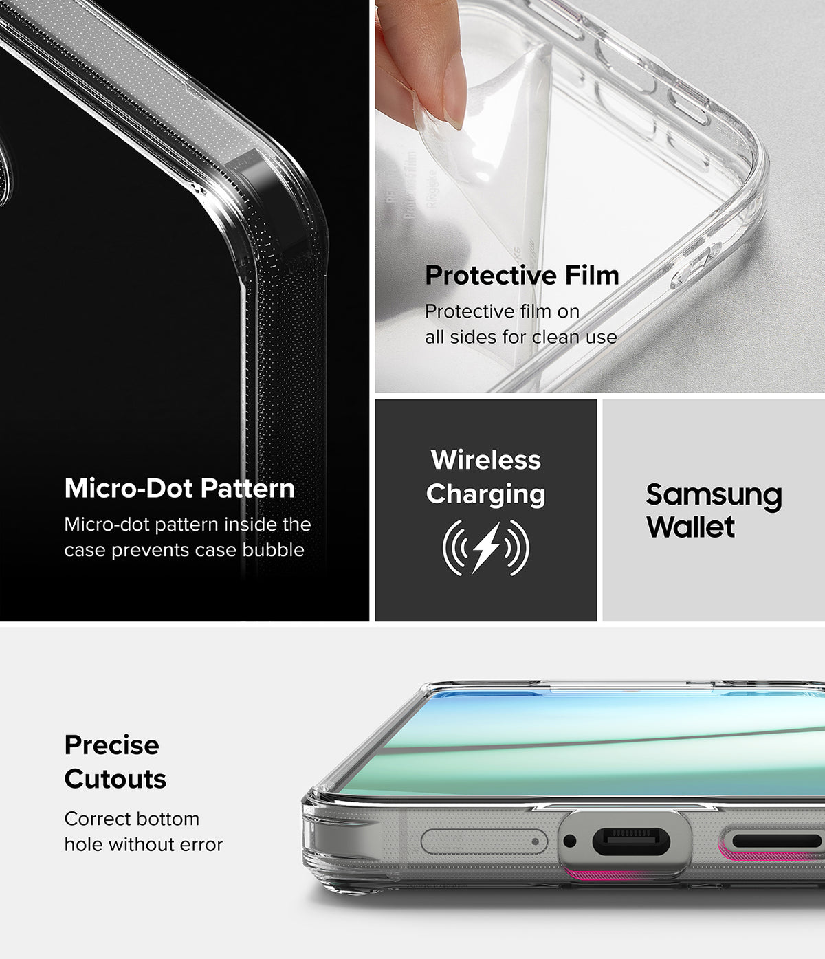 Galaxy S25 Plus Case | Fusion - Features showing micro-dot pattern, protective film, wireless charging, and precise cutouts.