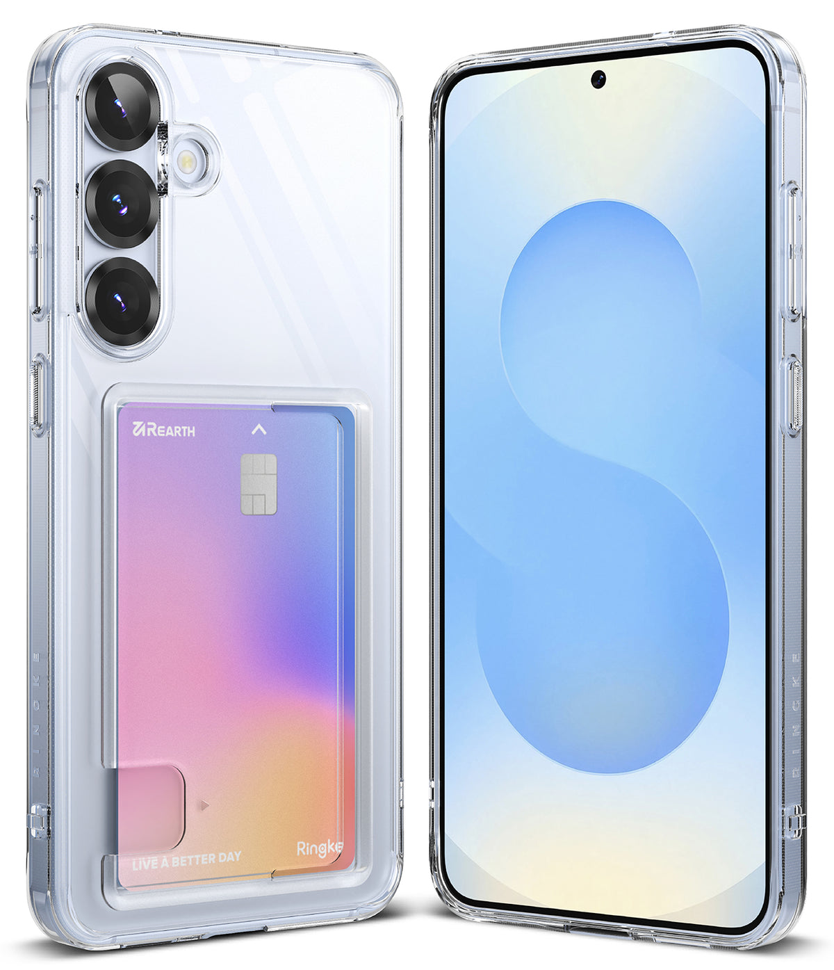 Galaxy S25 Plus Case | Fusion Card - Clear phone case with a built-in card slot holding a gradient card, shown front and back.