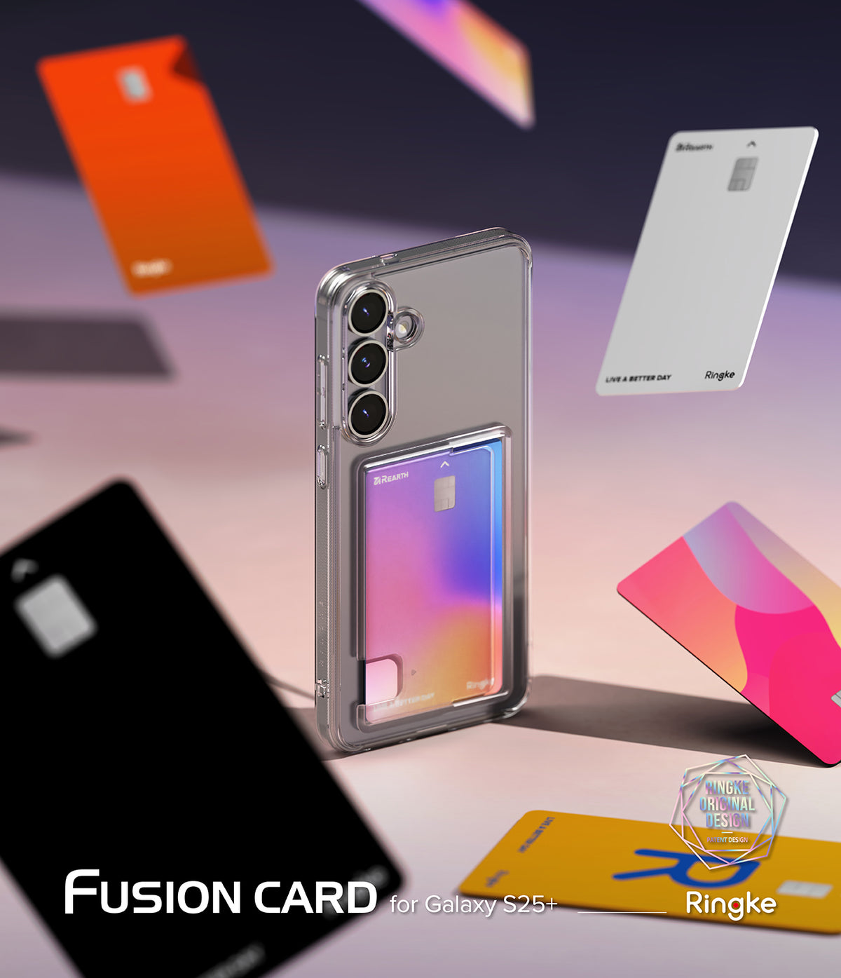 Galaxy S25 Plus Case | Fusion Card - Clear phone case with a card slot holding a colorful card, surrounded by floating credit cards.