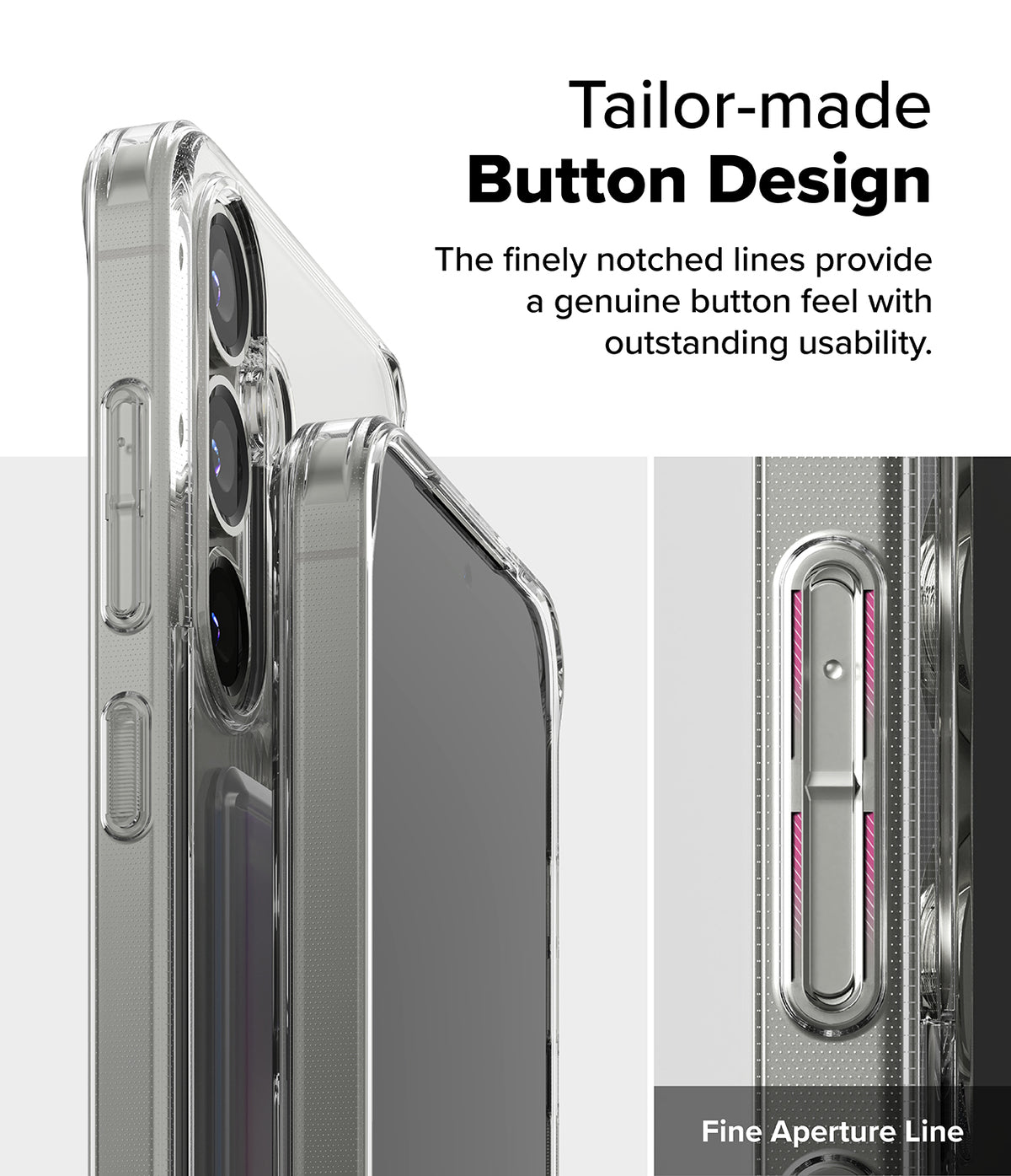 Galaxy S25 Plus Case | Fusion Card - Close-up of a clear phone case highlighting the tactile, notched button design.