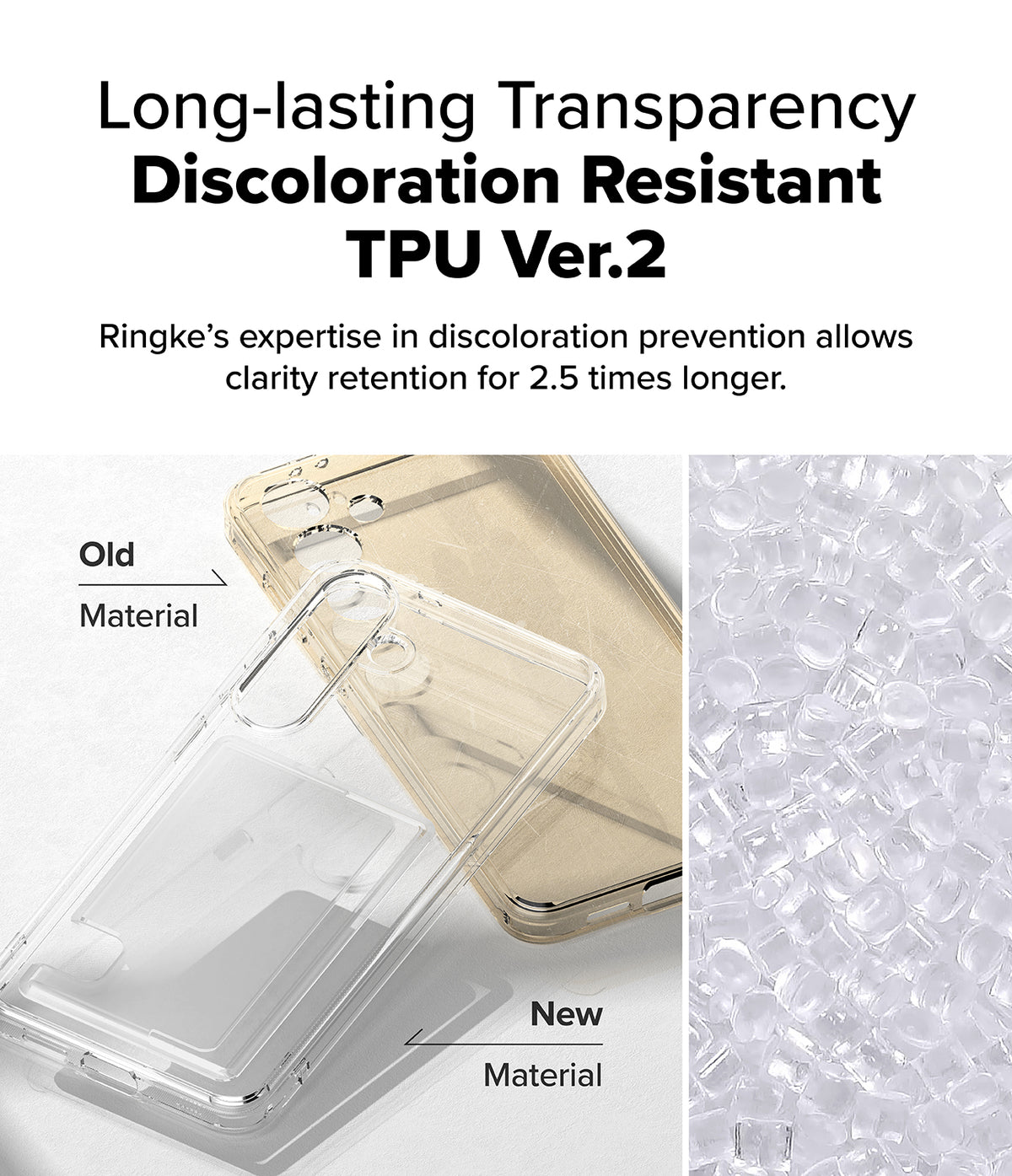 Galaxy S25 Plus Case | Fusion Card - Comparison of yellowed old TPU material versus clear new TPU material for phone cases.