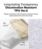 Galaxy S25 Plus Case | Fusion Card - Comparison of yellowed old TPU material versus clear new TPU material for phone cases.