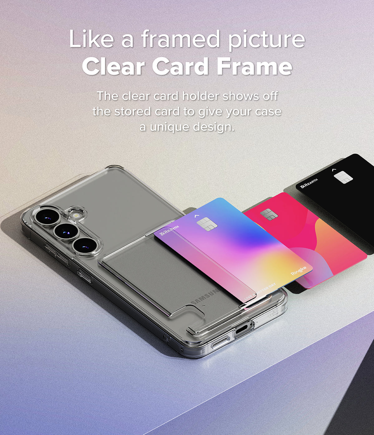 Galaxy S25 Plus Case | Fusion Card - Clear phone case with a built-in card slot holding a colorful card, with two extra cards nearby.