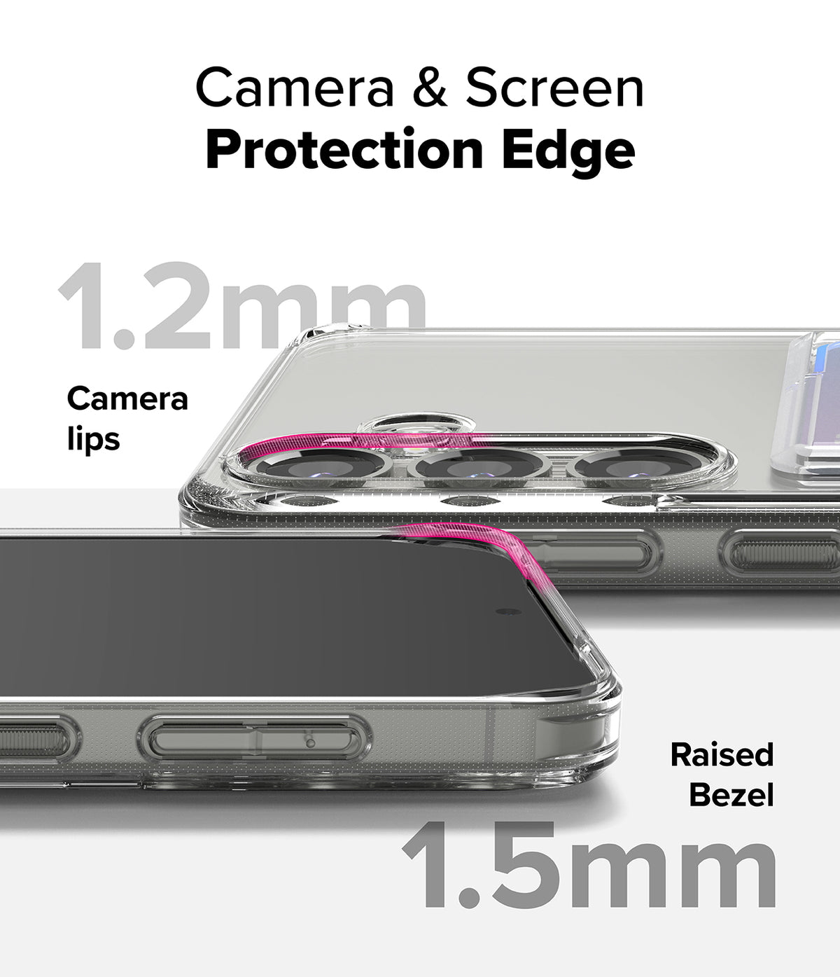 Galaxy S25 Plus Case | Fusion Card - Clear phone case showing 1.2mm camera lips and 1.5mm raised screen bezel protection.