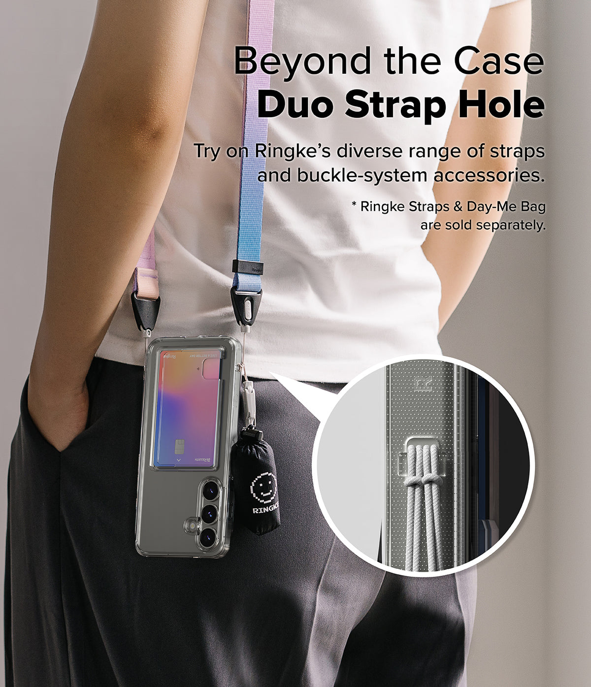 Galaxy S25 Plus Case | Fusion Card - Person wearing a phone case with a dual strap hole, colorful lanyard, and small bag.