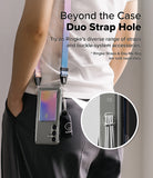 Galaxy S25 Plus Case | Fusion Card - Person wearing a phone case with a dual strap hole, colorful lanyard, and small bag.