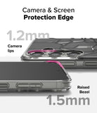 Galaxy S25 Plus Case | Fusion Design - Close-up of phone case showing 1.2mm camera lips and 1.5mm raised screen bezel.