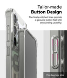 Galaxy S25 Plus Case | Fusion Design - Close-up of a clear phone case showing notched, tactile buttons and a fine aperture line.