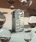 Galaxy S25 Plus Case | Fusion Design - Clear phone case with Seoul typography surrounded by floating glass spheres.