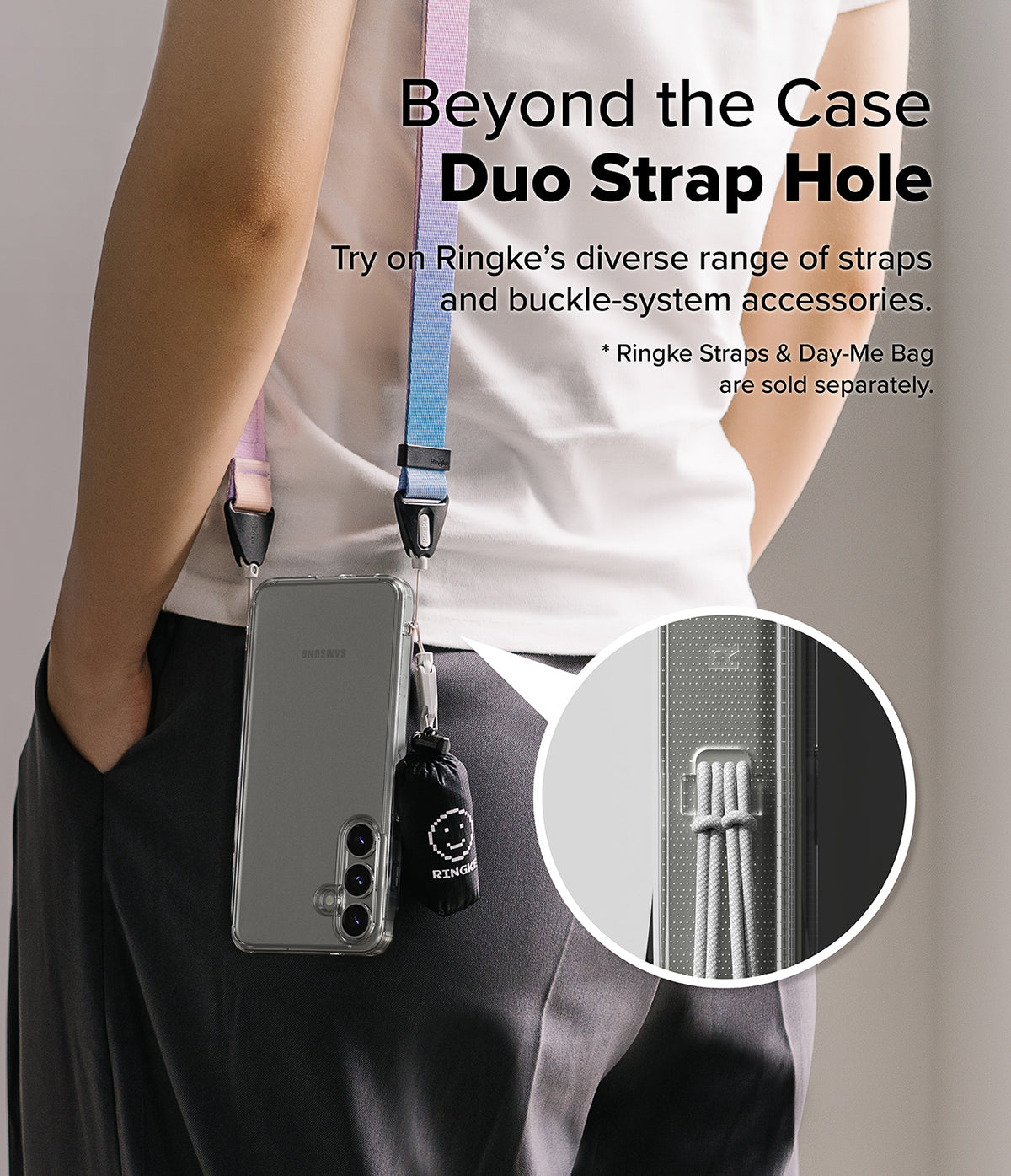 Galaxy S25 Plus Case | Fusion Matte - Person wearing a phone case with a dual-strap lanyard and small accessory bag attached.