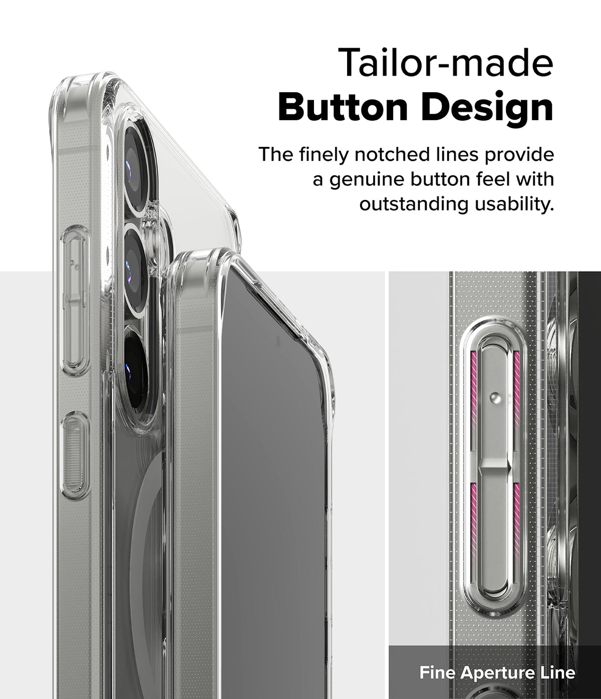 Galaxy S25 Plus Case | Fusion Magnetic - Close-up of clear phone case buttons with highlighted notched design.