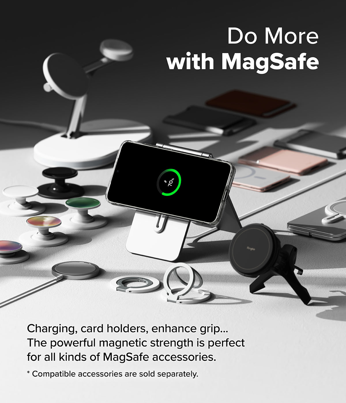 Galaxy S25 Plus Case | Fusion Magnetic - Phone in a clear case charging on a stand surrounded by MagSafe accessories.