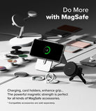 Galaxy S25 Plus Case | Fusion Magnetic - Phone in a clear case charging on a stand surrounded by MagSafe accessories.