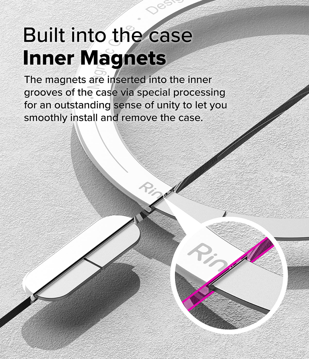 [Bundle] Galaxy S25 | Fusion Magnetic - Close-up of magnetic ring embedded in phone case with callout showing internal groove placement.