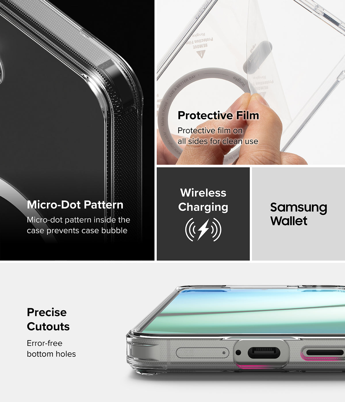 Galaxy S25 Plus Case | Fusion Magnetic Matte - Features showing protective film, micro-dot pattern, and precise cutouts.