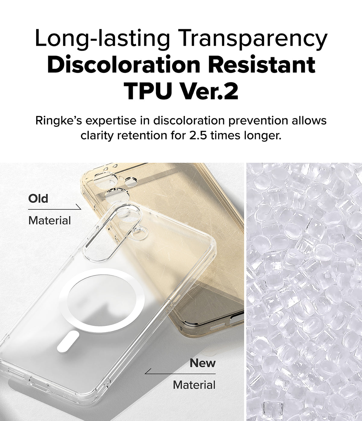 Galaxy S25 Plus Case | Fusion Magnetic Matte - Comparison of yellowed old TPU versus clear new TPU material.