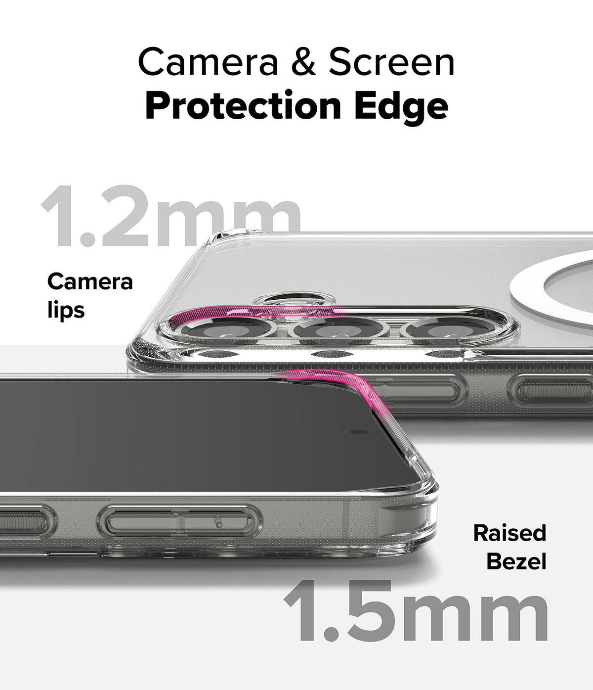Galaxy S25 Plus Case | Fusion Magnetic Matte - Close-up of phone case showing 1.2mm camera lips and 1.5mm raised screen bezel.