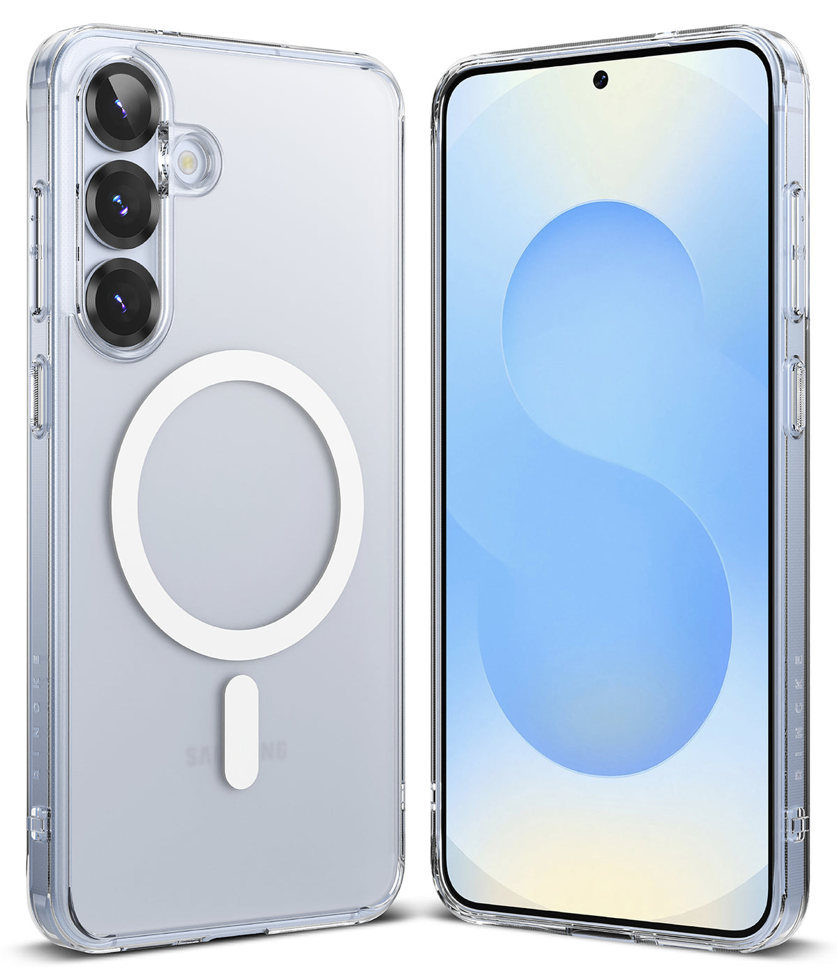Galaxy S25 Plus Case | Fusion Magnetic Matte - Clear matte phone case with white magnetic ring on back and front view.