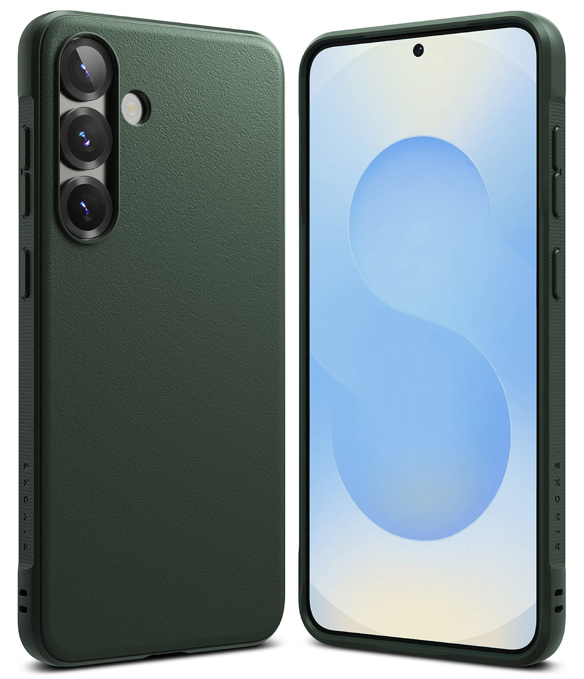 Galaxy S25 Plus Case | Onyx - Dark green textured phone case shown from the back and front with a light blue screen.
