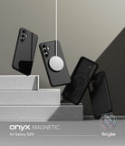 Galaxy S25 Plus Case | Onyx Magnetic - Four black Onyx magnetic phone cases floating above concrete steps.