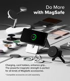 Galaxy S25 Plus Case | Onyx Magnetic - Smartphone in magnetic case charging on a stand surrounded by MagSafe accessories.