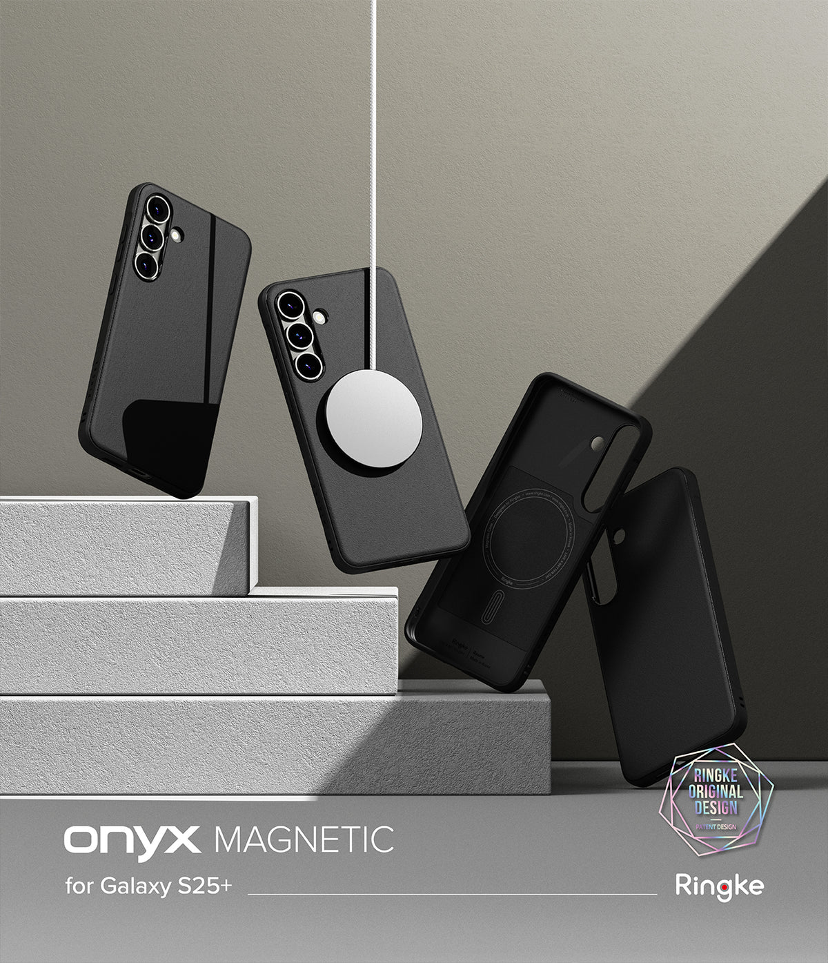 [Bundle] Galaxy S25 Plus | Onyx Magnetic - Galaxy S25 Plus | Onyx Magnetic - Black phone cases floating above stone steps with a magnetic charger attached.