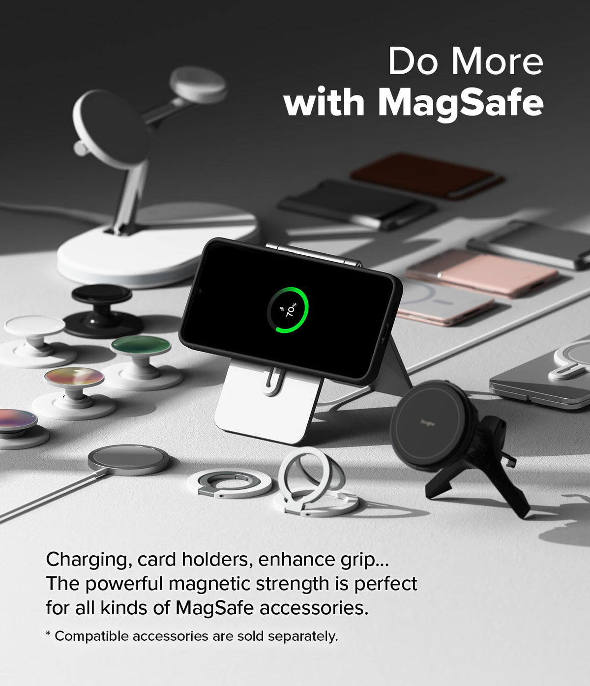 Galaxy S25 Plus Case | Silicone Magnetic - Phone in magnetic case charging on a stand surrounded by MagSafe accessories.