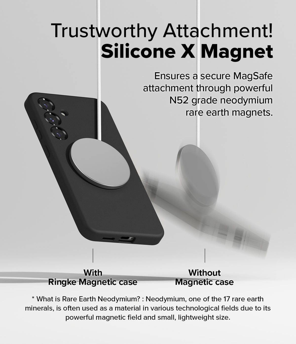 [Bundle] Galaxy S25 Plus | Silicone Magnetic - Comparison showing a magnetic charger attached to a phone case versus falling off.