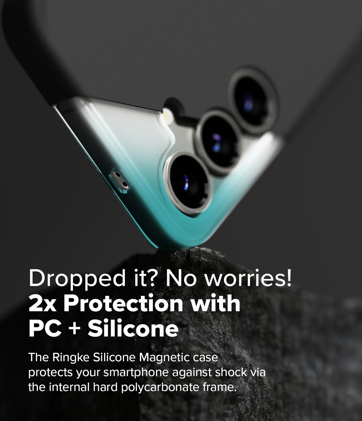 Galaxy S25 Plus Case | Silicone Magnetic - Close-up of a phone case resting on a rock, highlighting its protective frame.