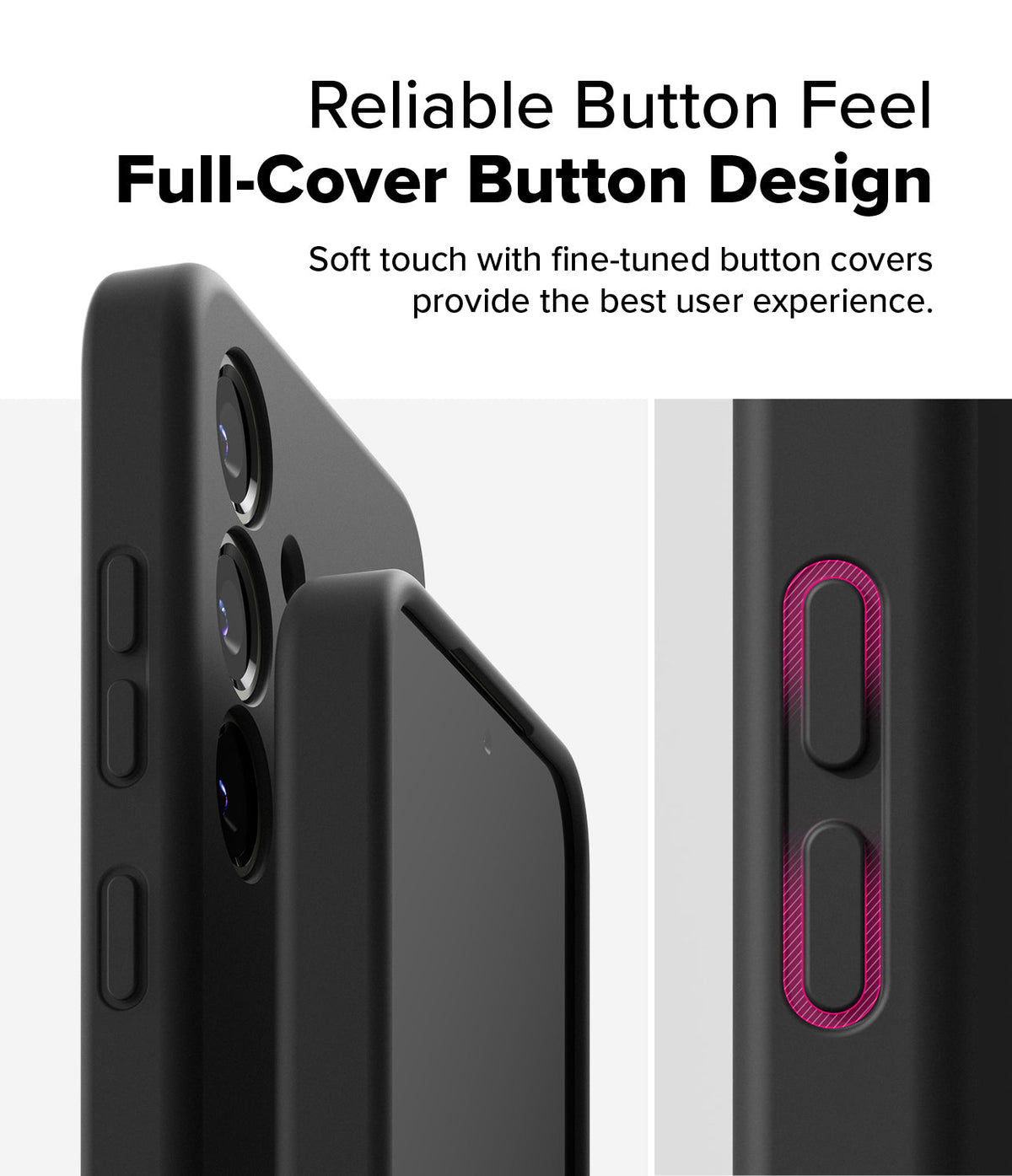 Galaxy S25 Plus Case | Silicone Magnetic - Close-up of black phone case buttons with highlighted tactile covers.