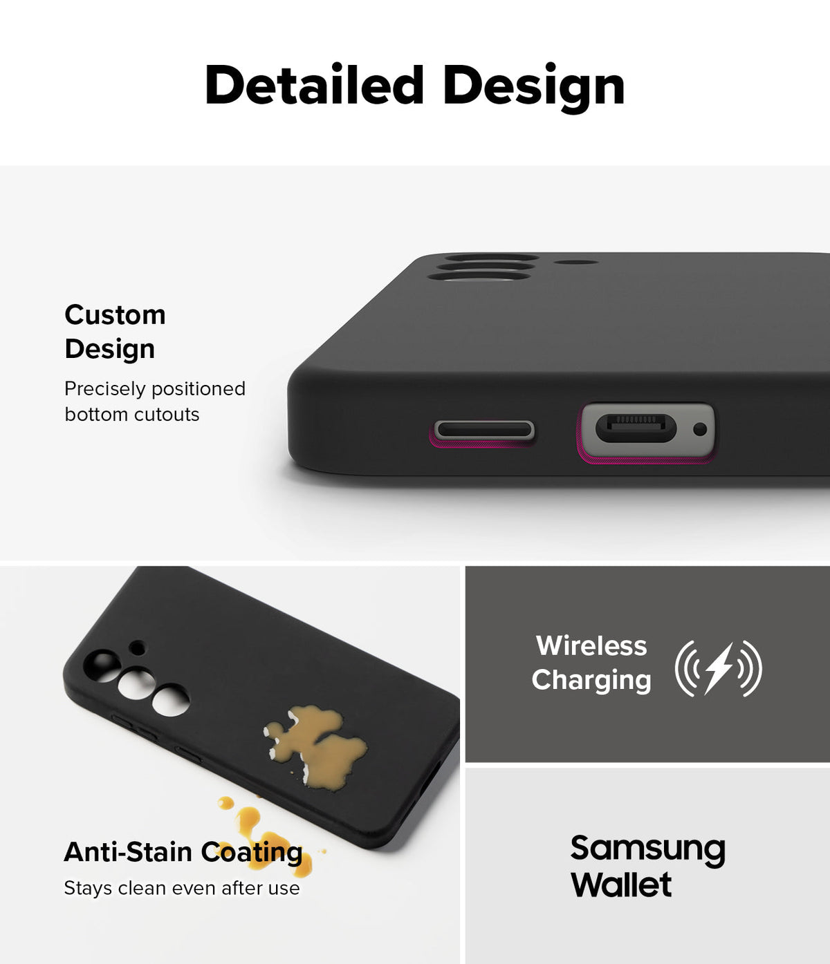 Galaxy S25 Plus Case | Silicone Magnetic - Close-up of phone case cutouts, anti-stain coating, and wireless charging icons.