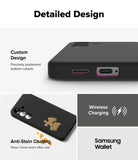 Galaxy S25 Plus Case | Silicone Magnetic - Close-up of phone case cutouts, anti-stain coating, and wireless charging icons.
