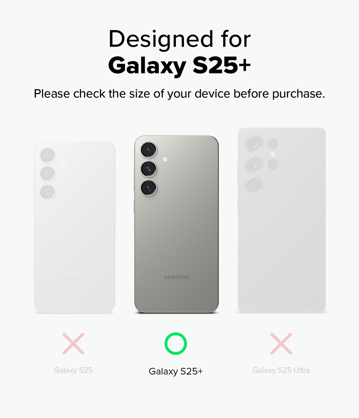 [Bundle] Galaxy S25 Plus | Silicone Magnetic - Size comparison chart showing Galaxy S25, S25+, and S25 Ultra with a green checkmark for the S25+.