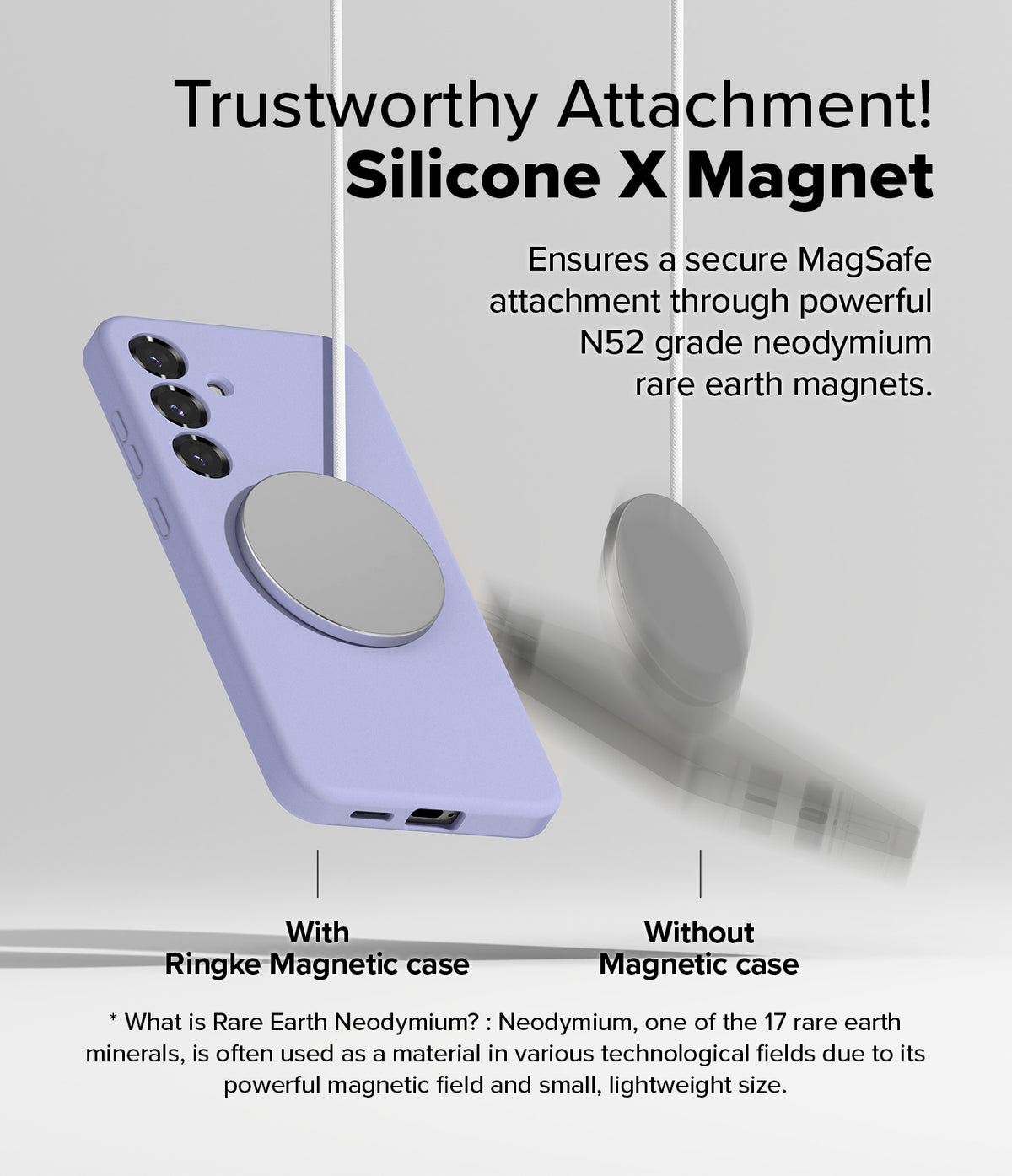 [Bundle] Galaxy S25 Plus | Silicone Magnetic - Lavender phone case with magnetic attachment vs. a falling phone.