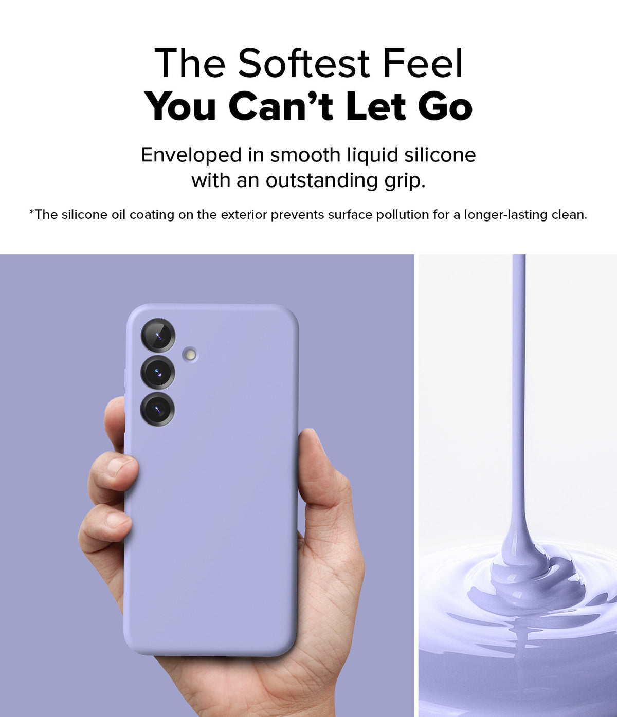 Galaxy S25 Plus Case | Silicone Magnetic - Hand holding a lavender silicone phone case next to liquid silicone pouring.