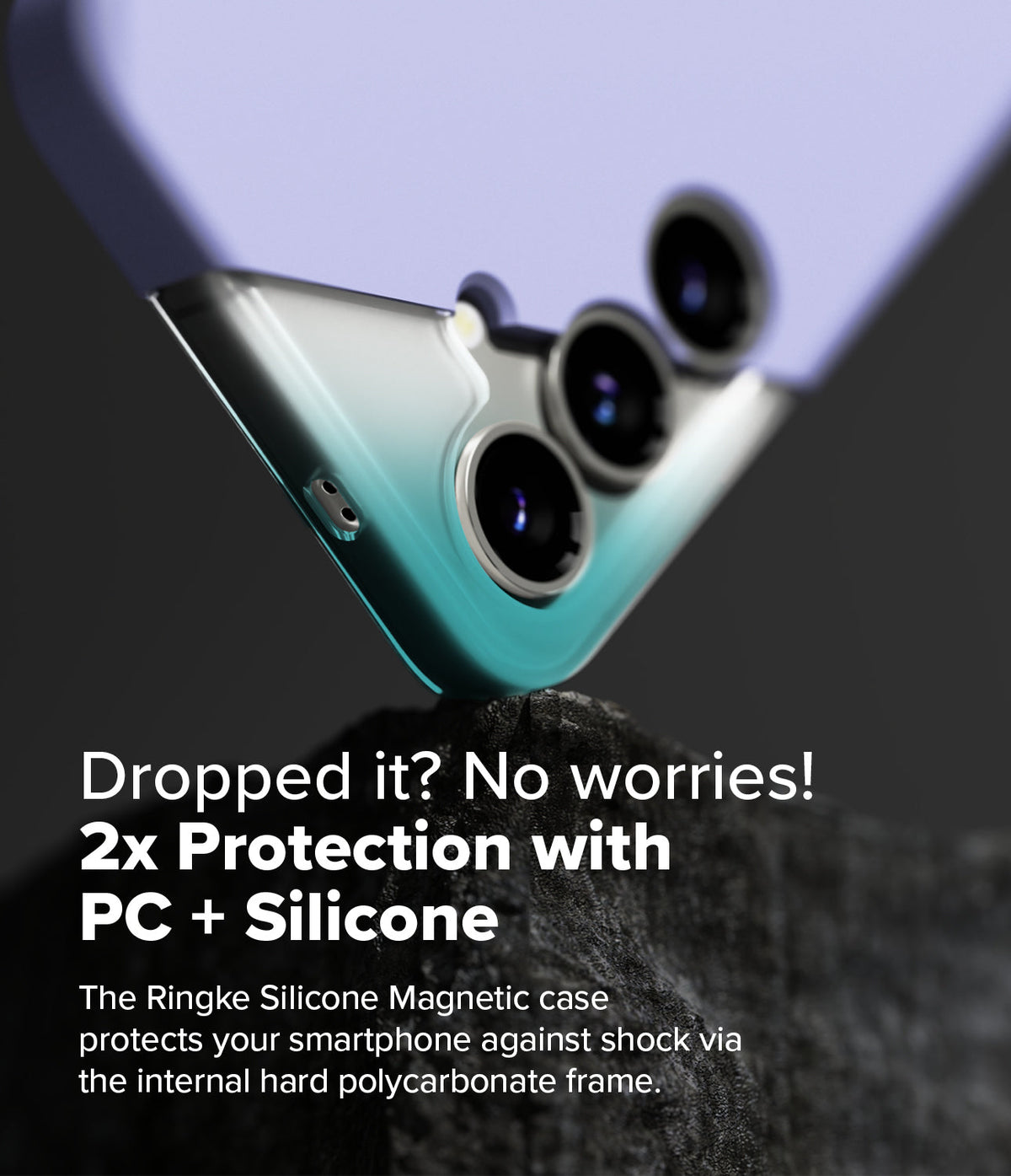 Galaxy S25 Plus Case | Silicone Magnetic - A lavender phone case resting on a rock, highlighting its protective frame.