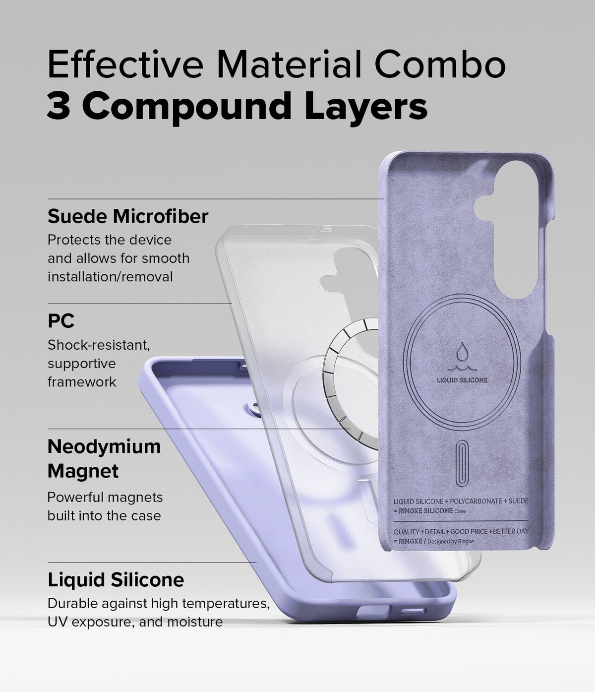 [Bundle] Galaxy S25 Plus | Silicone Magnetic - Exploded view of a lavender phone case showing its three-layer material construction.