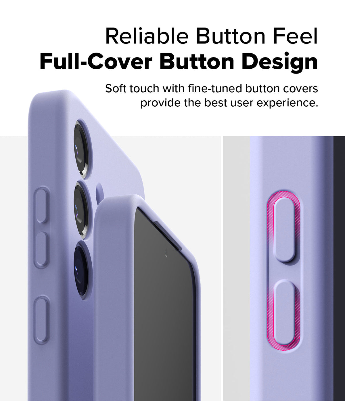 Galaxy S25 Plus Case | Silicone Magnetic - Close-up of lavender phone case buttons with highlighted tactile covers.