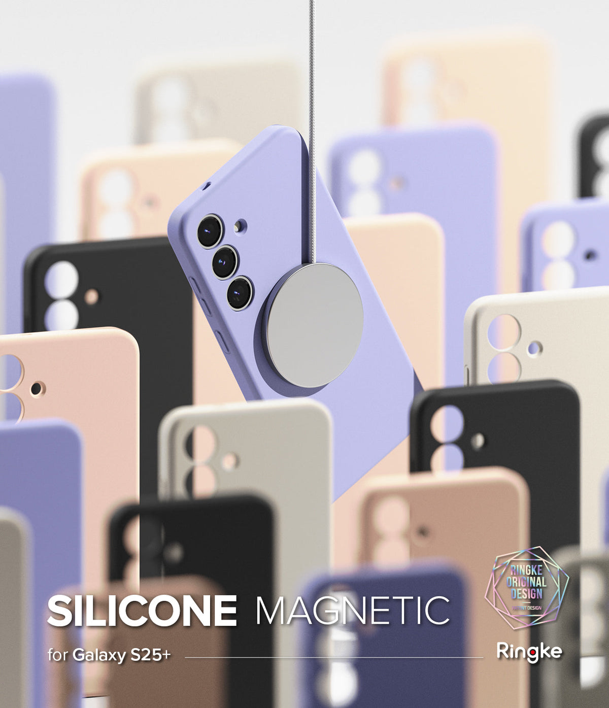Galaxy S25 Plus Case | Silicone Magnetic - A lavender phone case suspended by a magnetic charger amidst various colored cases.