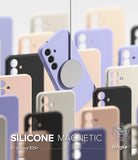 Galaxy S25 Plus Case | Silicone Magnetic - A lavender phone case suspended by a magnetic charger amidst various colored cases.