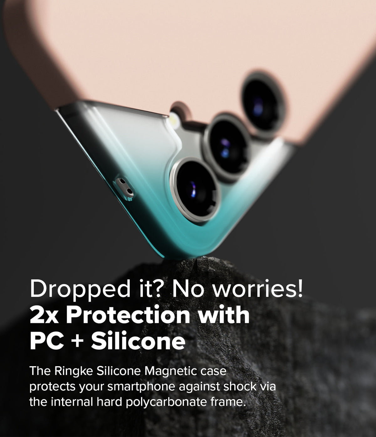 Galaxy S25 Plus Case | Silicone Magnetic - Pink phone case with teal polycarbonate frame resting on a dark rock.