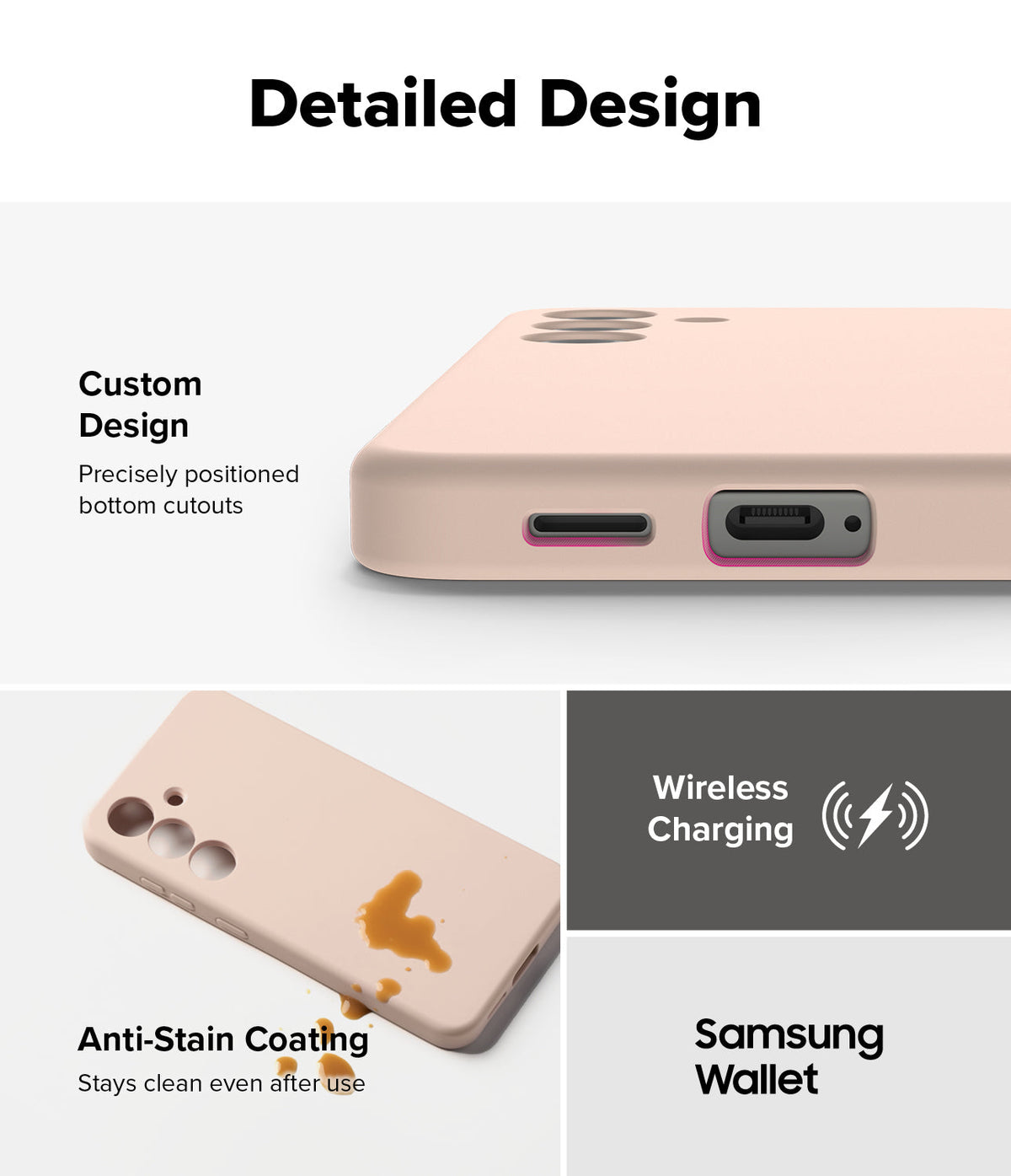 Galaxy S25 Plus Case | Silicone Magnetic - Close-up of phone case cutouts, anti-stain coating, and wireless charging icons.