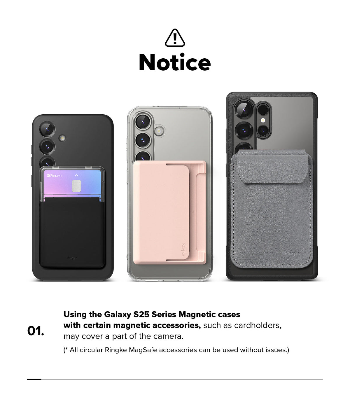 Galaxy S25 Plus Case | Silicone Magnetic - Three phones with magnetic cardholders showing potential camera obstruction.