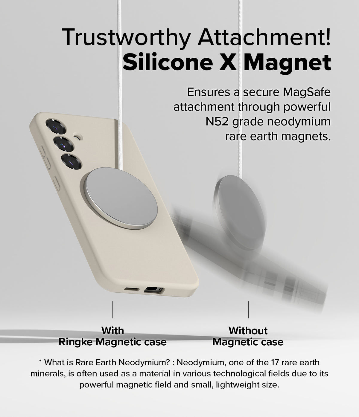 [Bundle] Galaxy S25 Plus | Silicone Magnetic - Beige phone case attached to a magnetic disc, contrasting with a falling phone.