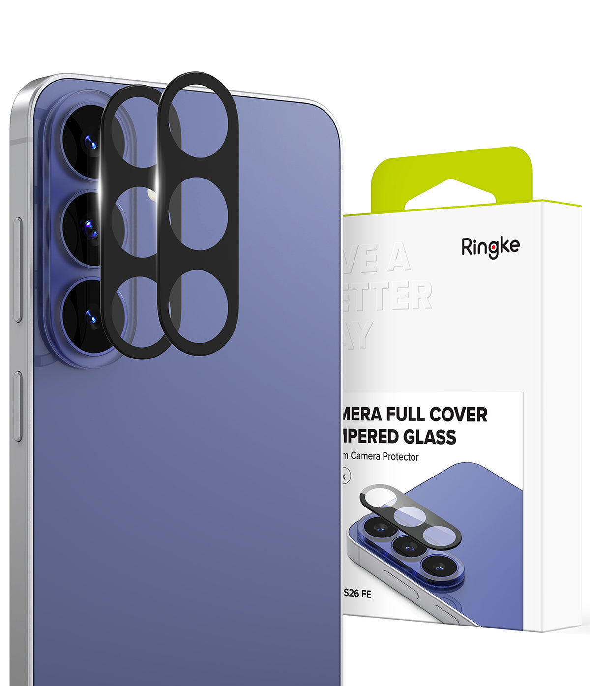Galaxy S26 FE Camera Protector | Camera Full Cover Tempered Glass (2P) - Ringke camera full cover tempered glass protector shown installed on a blue smartphone, alongside its white retail box with a lime green tab.