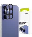Galaxy S26 FE Camera Protector | Camera Full Cover Tempered Glass (2P) - Ringke camera full cover tempered glass protector shown installed on a blue smartphone, alongside its white retail box with a lime green tab.