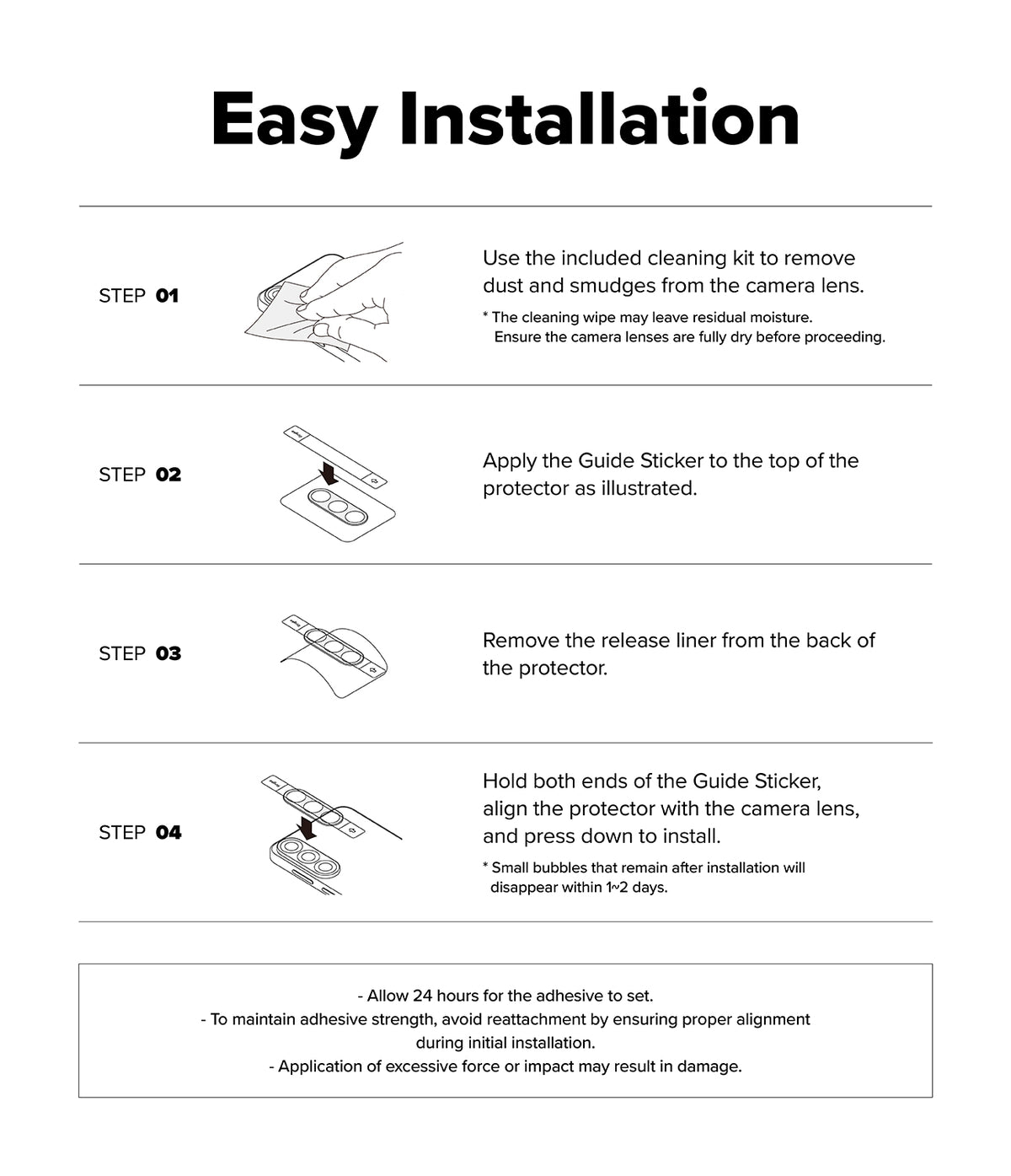 Galaxy S26 FE Camera Protector | Camera Full Cover Tempered Glass (2P) - An installation instruction sheet titled 'Easy Installation' with four labeled steps showing how to apply a protective film or protector to a camera lens using a cleaning wipe and Guide Sticker.