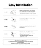 Galaxy S26 FE Camera Protector | Camera Full Cover Tempered Glass (2P) - An installation instruction sheet titled 'Easy Installation' with four labeled steps showing how to apply a protective film or protector to a camera lens using a cleaning wipe and Guide Sticker.