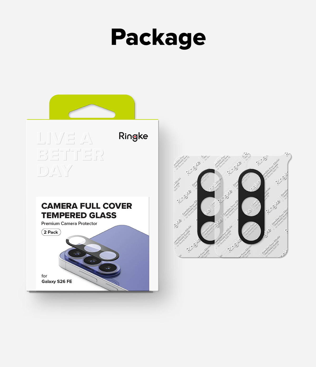 Galaxy S26 FE Camera Protector | Camera Full Cover Tempered Glass (2P) - Ringke camera full cover tempered glass 2-pack shown with its retail box and two black circular lens protector films on a light gray background under the heading 'Package'.